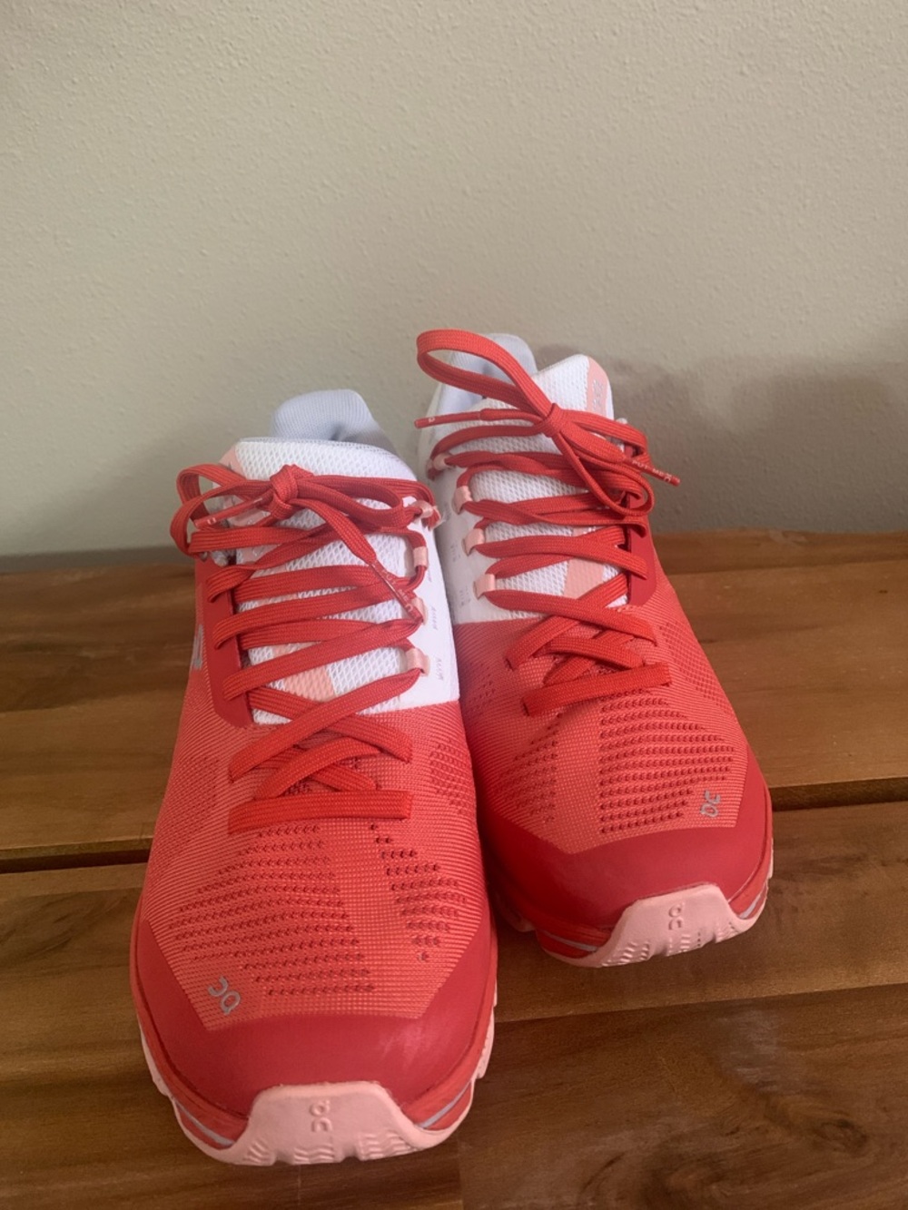 On Running Coral and White Women's Running Shoes